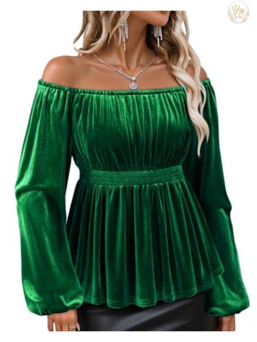 Velvet Off The Shoulder Peplum Blouse Long Sleeve Ruffled Ruffle Hem